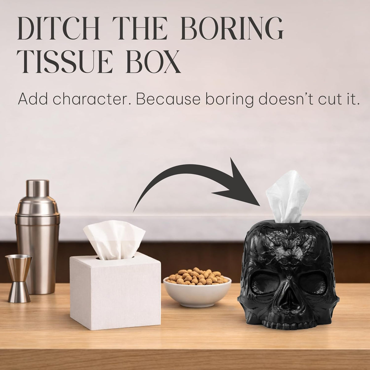 Gothic Skull Tissue Box Cover, Black, Square by Death Decor