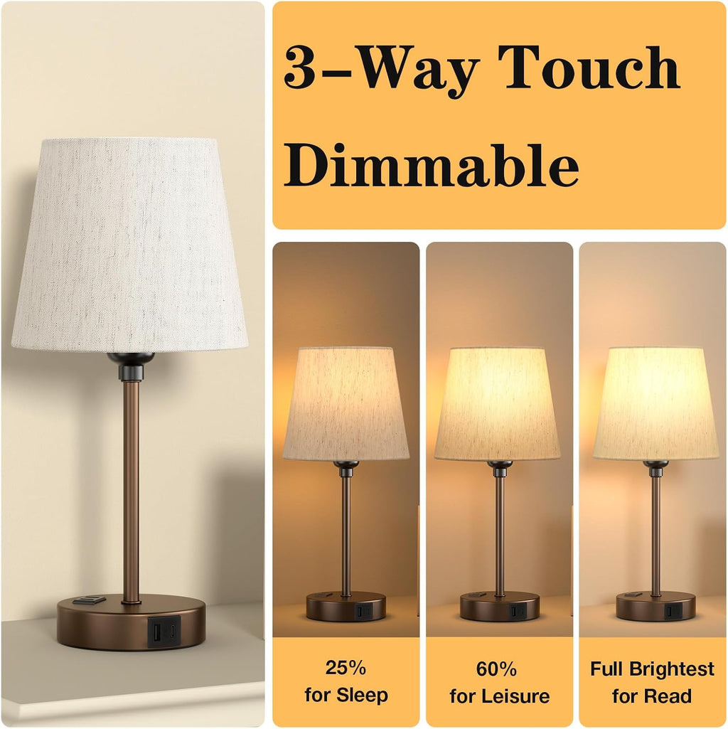Brown Bedside Lamps Set 2 for Bedroom - Dimmable Touch, USB C+A, AC Outlet