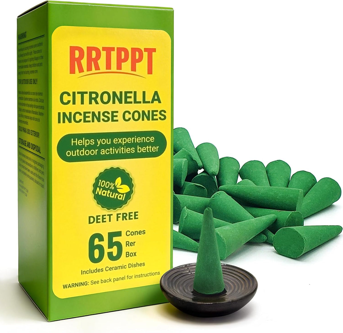 Citronella Incense Cones with Ceramic Dishes | Made with Plant-Based Ingredients | Citronella | Lemongrass Oil | Rosemary Oil | Suitable for Indoor and Outdoor Use (65 Cones)