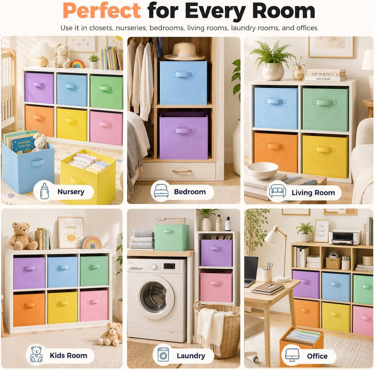 Storage Cubes, 6 Pack Foldable Fabric Large Cloth Storage Bins with Handles, 11 Inch Sturdy Collapsible Baskets Organizer Boxes for Closet Shelves Bedroom Books Home Organization Office