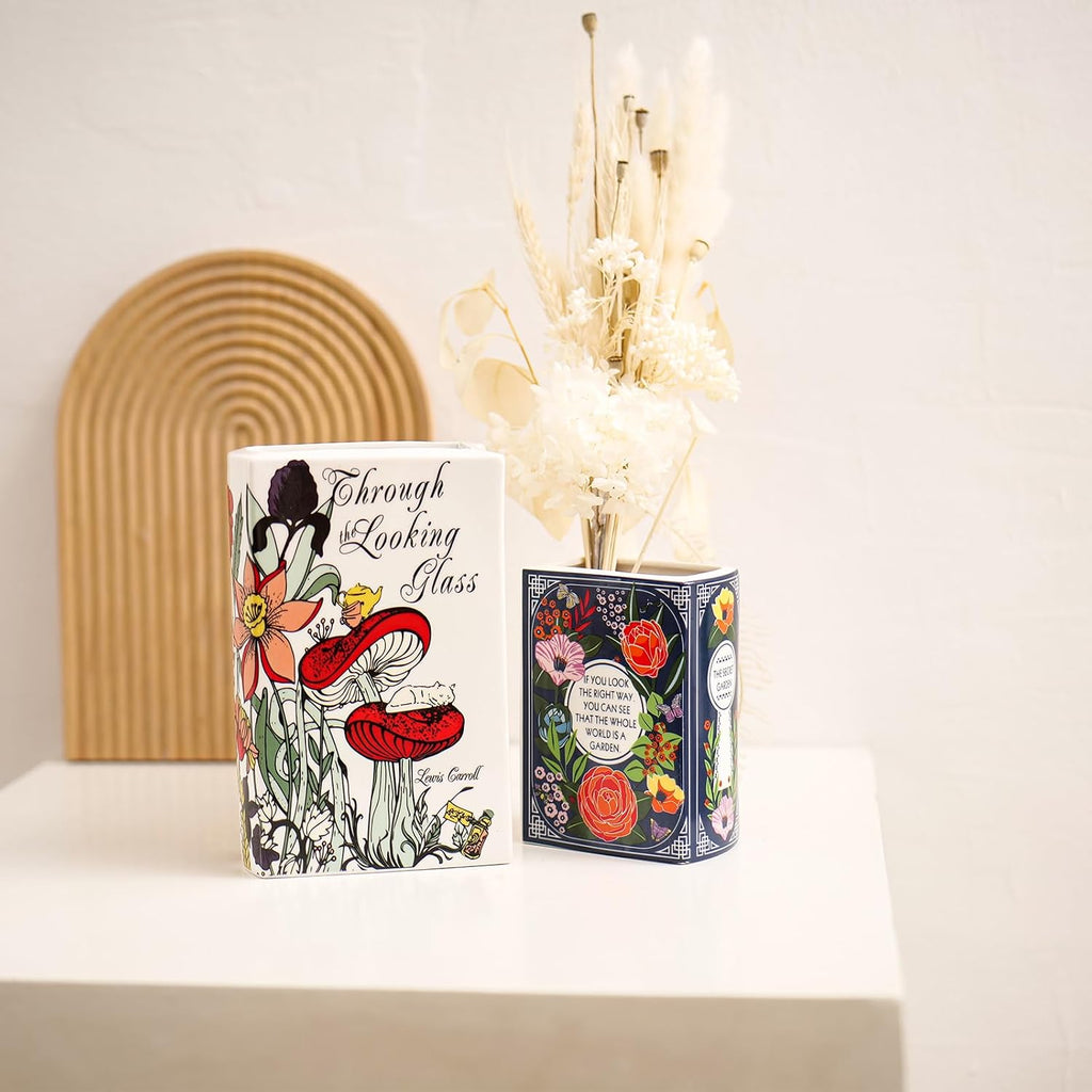 Book-Shaped Decorative Vase,Romehaha Book Vase for Flowers,Modern Ceramic Aesthetics Infused with Artistic Cultural Style,Cute Bookshelf Decor(Large - Through The Looking Glass)
