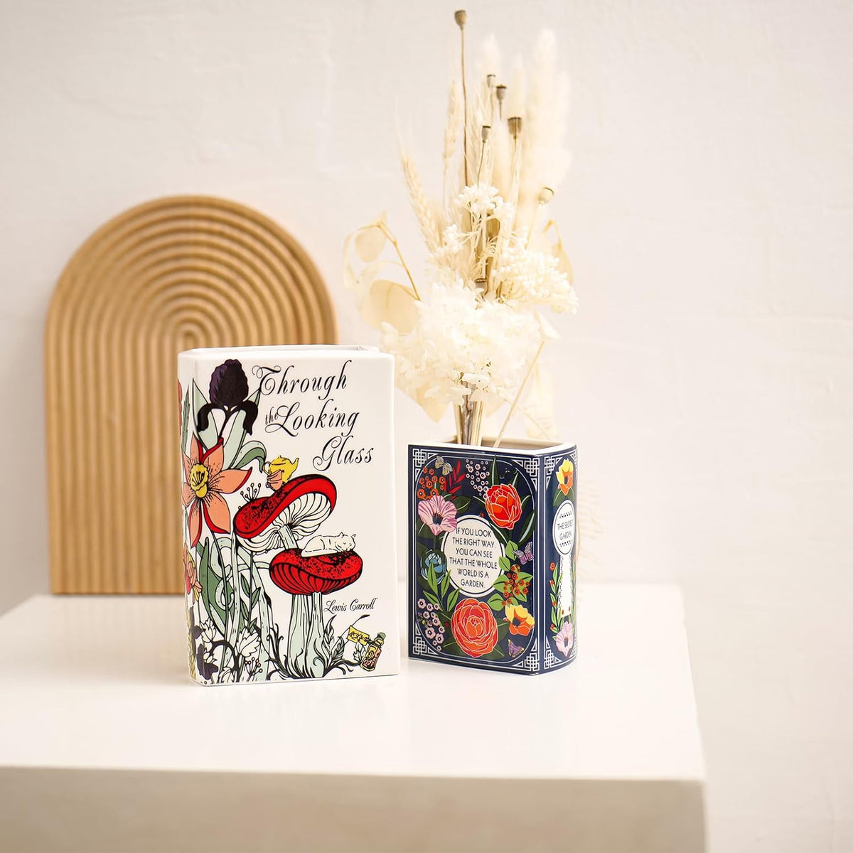 Book-Shaped Decorative Vase,Romehaha Book Vase for Flowers,Modern Ceramic Aesthetics Infused with Artistic Cultural Style,Cute Bookshelf Decor(Large - Through The Looking Glass)