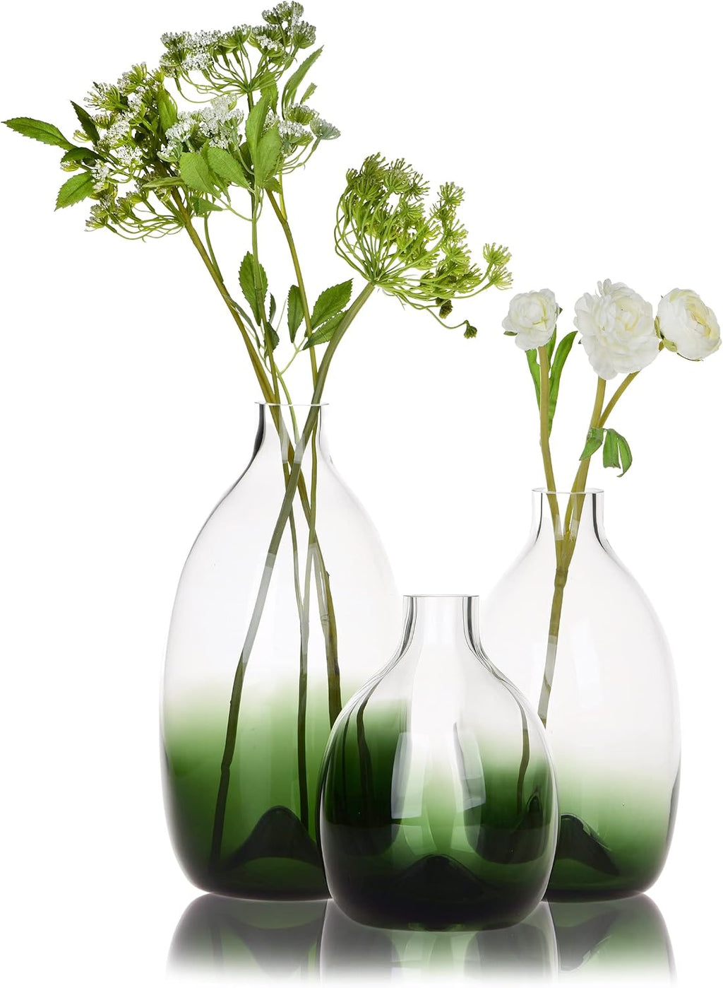 CONVIVA Modern Green Glass Flower Vase Set, 3 Sizes 11" 9" 7" Height