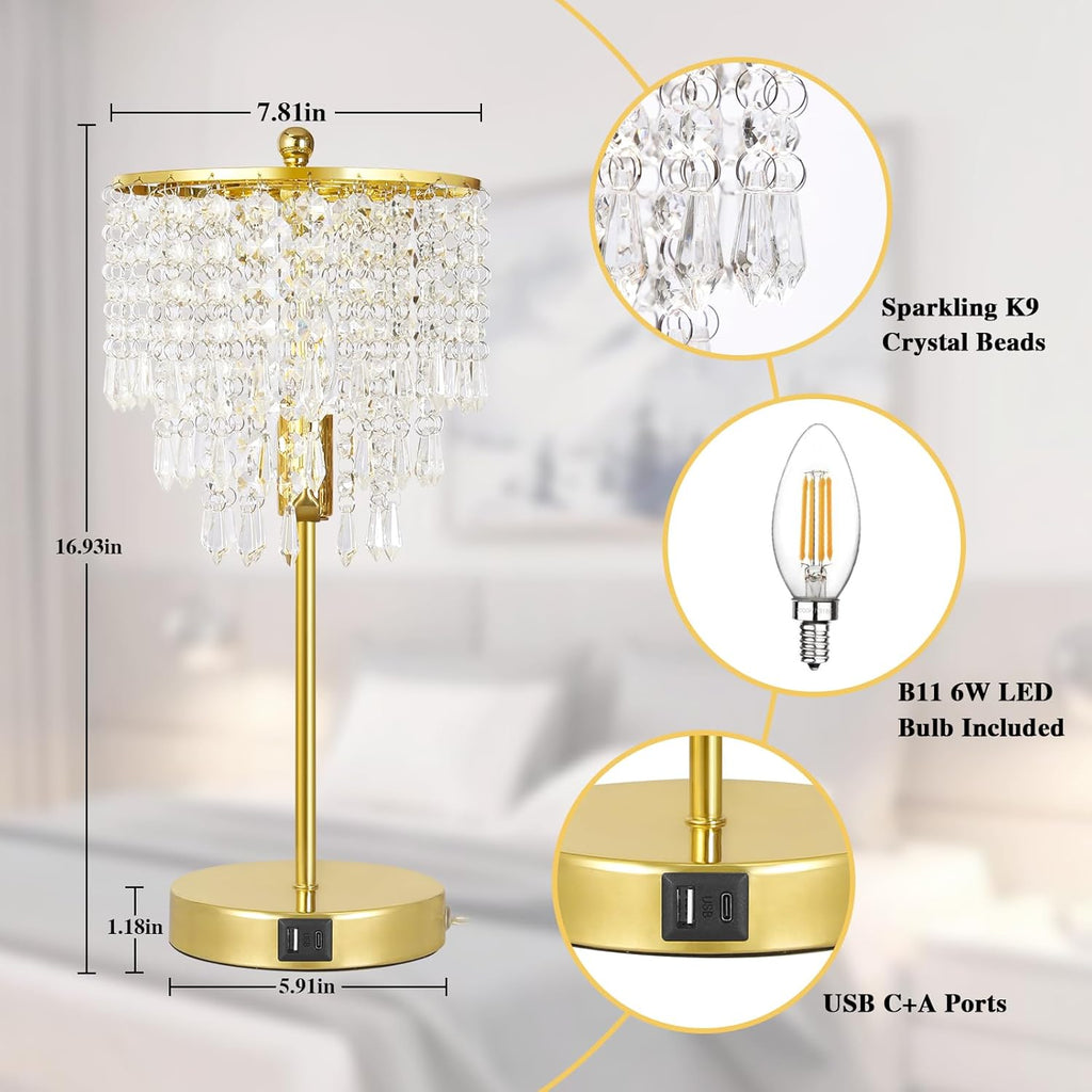 Crystal Table Lamp with USB C+A Ports, 3-Way Dimmable Touch Lamp, Gold Lamp