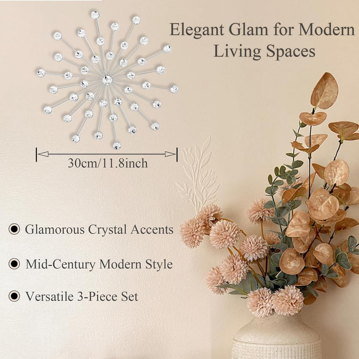 SIYIKRYP Set of 3 Crystal Sunburst Wall Decor – 11.8" Silver Metal Wall Art with Rhinestone Accents – Modern 3D Starburst Hanging Ornaments for Living Room, Bedroom, Office