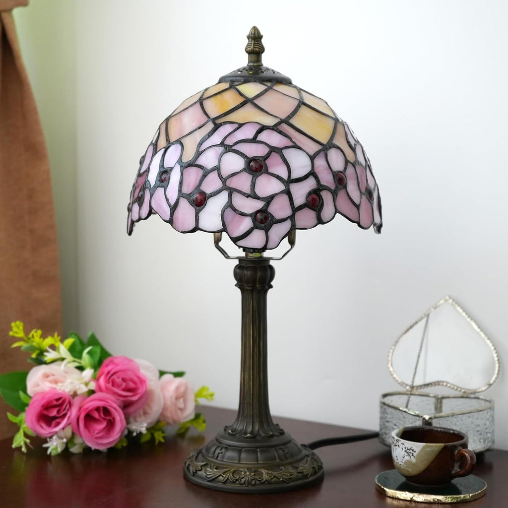 Tiffany Lamp Stained Glass Table Lamp Cherry Blossom Pink Small Bedside Lamp Living Room Dining Room Office Decoration Desk Lamp Home Decoration Creative Gift