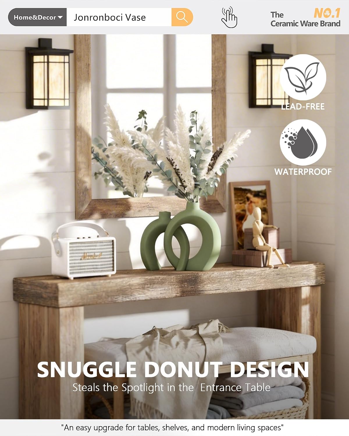 Set of 2 Sage Green Ceramic Vases for Home Decor Accents - Unique Hollow Donut Artistic Design Modern Boho Farmhouse Style Decorative Vases for Shelf, Mantel, Entryway Table Decor (Matte Green)