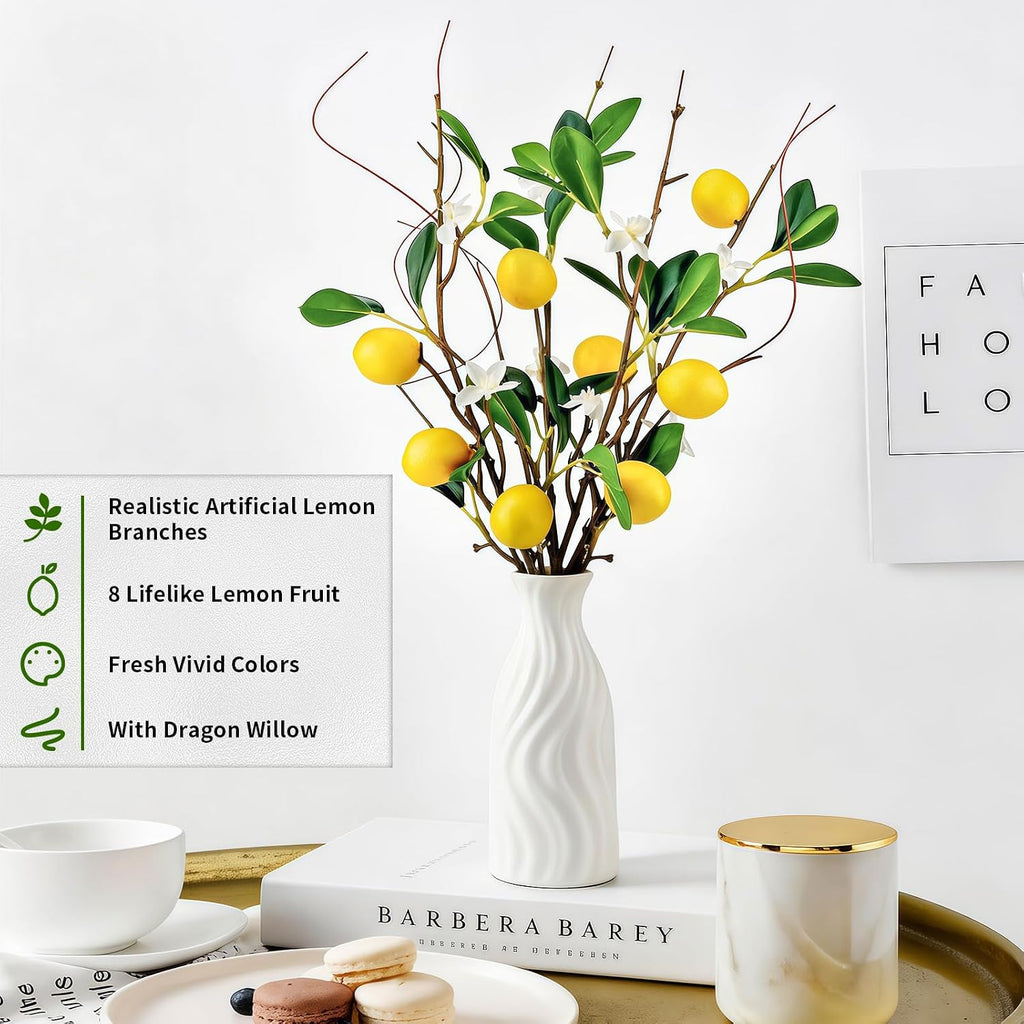4 PCS 18.9” Artificial Lemon Branches for Kitchen Decor, Faux Yellow Lemons with Magnolia Flower & Willow Stems, Realistic Fake Fruit Picks for Farmhouse Party Decoration and Vase Arrangements