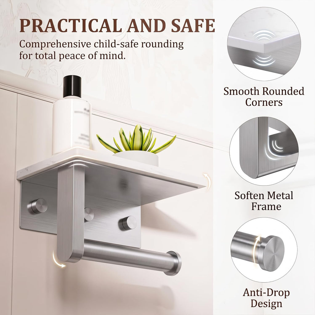 BWE Brushed Nickel Toilet Paper Holder with Marble Shelf Wall Mounted