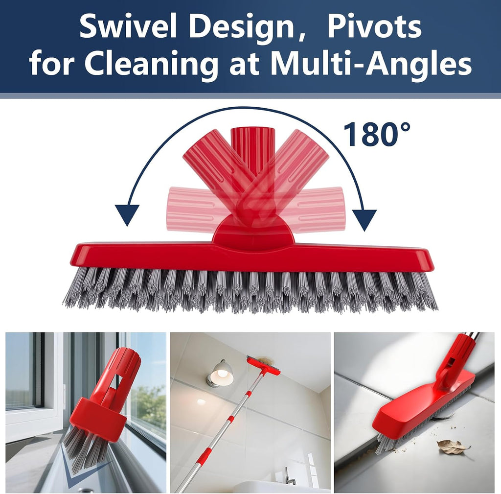 2 Pack Grout Brush with Long Handle, Swivel Cleaning Grout Line Scrubber - Extendable Durable Handle Grout Cleaner Brush for Bathroom,Tile,Baseboard,Walk in Shower,Corner & Narrow Space (Red)