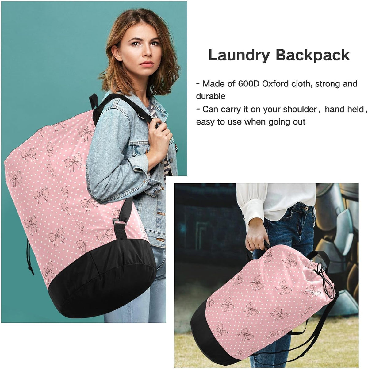 Bow Polka Dot Light Laundry Bag Backpack Bags Mesh Wash Laundry Bags Dirty Clothes Organizer for Vacation Road Trip Essentials Dorm