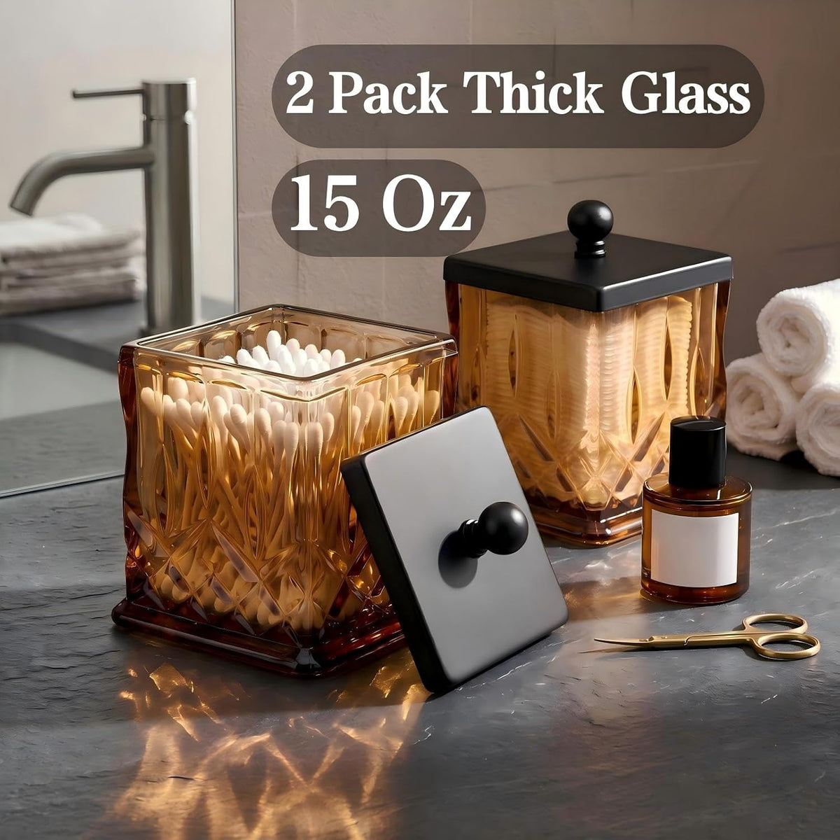 2 Pack 15Oz Amber Q-Tip Holder, Square Thick Glass