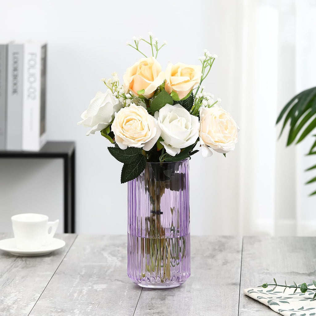 Ribbed Glass Vase,Flower Vase for Bouquet, Purple Glass Vases for Flowers, Modern Vases for Living Room, Bathroom, Dining Table, Office, Wedding, Centerpieces, 8 Inches
