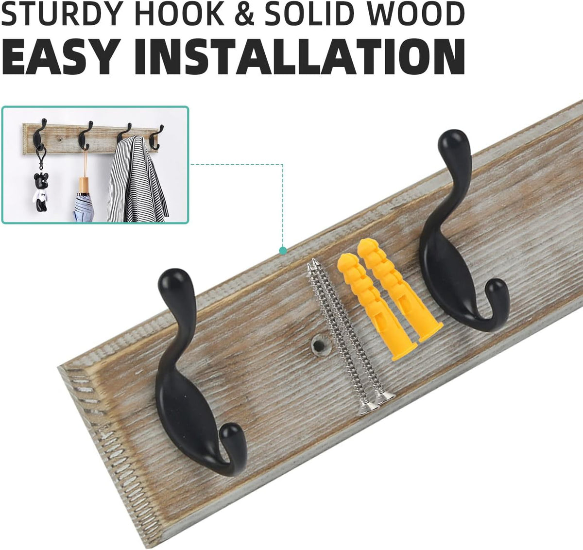 Coat Rack Wall Mounted, Entryway Wall Coat Rack with 4 Rustic Coat Hooks, 17” Vintage Pinewood Hanger Hat, Dual Hook for Hanging Keys Hats, Perfect for Entryway, Bathroom, Living Room