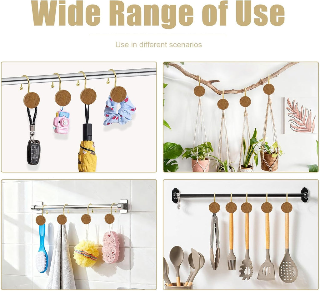 Shower Curtain Hooks, Wood Decorative Shower Curtain Rings, Modern Round Log Shower Curtain Hangers, 12PCS Metal Shower Hooks for Shower Curtain Rod, Bathroom, Bedroom, Living Room (Gold)