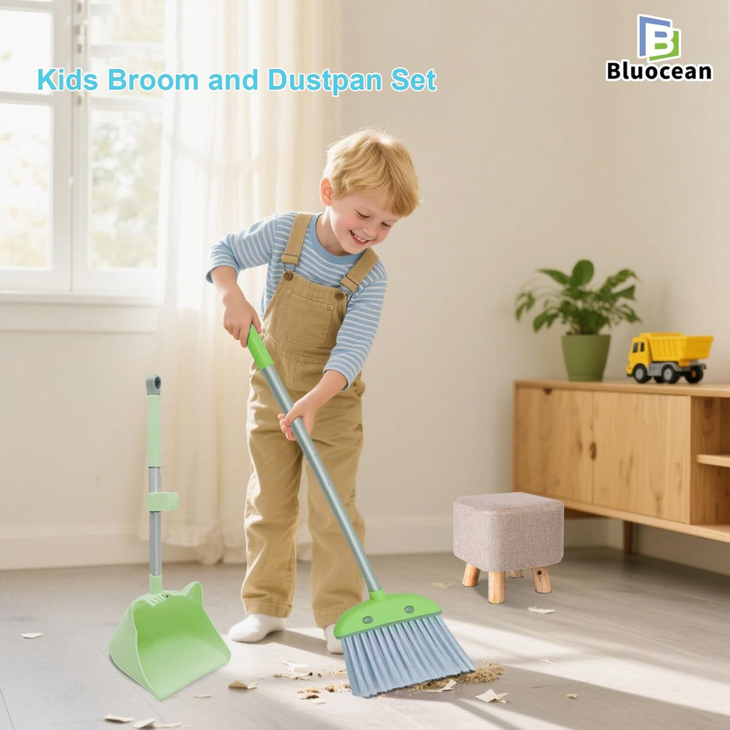 28'' Kids Mini Broom and Dustpan Set-Toddler Cleaning Toy, Toddler Household Helper, Parent-Child Interactive Play Cleaning Tool, Cute Cartoon Design, Small Safe Corner Broom (Green)