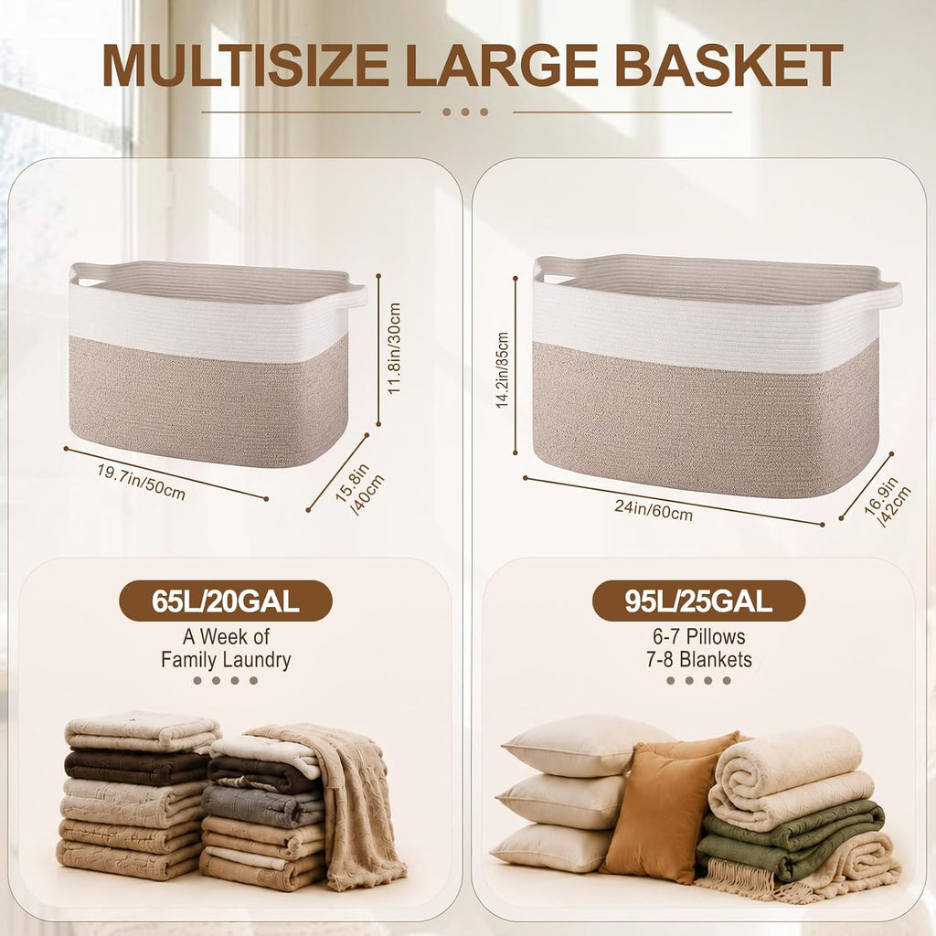 Extra Large Laundry Basket, 95L Blanket Basket for Living Room, Cotton Rope Toy Storage for Kids, Woven Baskets for Clothes, Towels, Pillows, 24" x 17" x 14", Brown and White