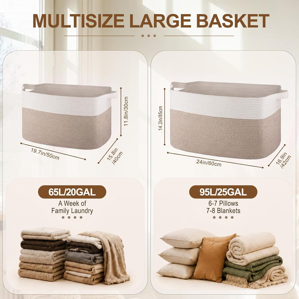 Extra Large Laundry Basket, 95L Blanket Basket for Living Room, Cotton Rope Toy Storage for Kids, Woven Baskets for Clothes, Towels, Pillows, 24" x 17" x 14", Brown and White