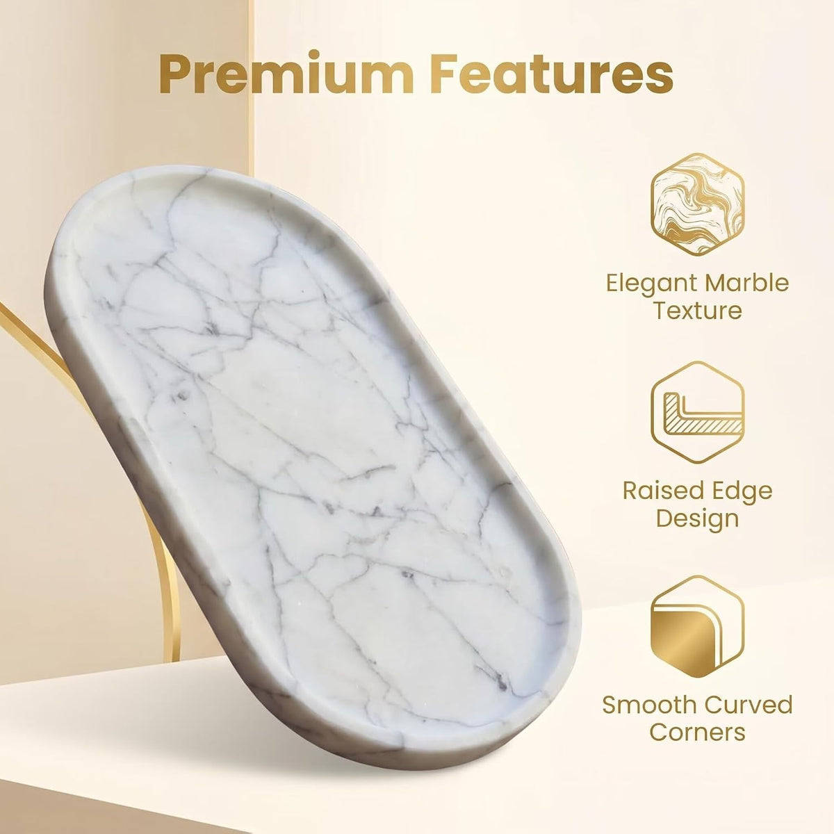 Natural Marble Tray - 12x6 Bathroom Decorative Tray, Perfume Tray & Vanity Tray Organizer. Versatile Tray Countertop Catchall for Jewelry, Soap & Candles