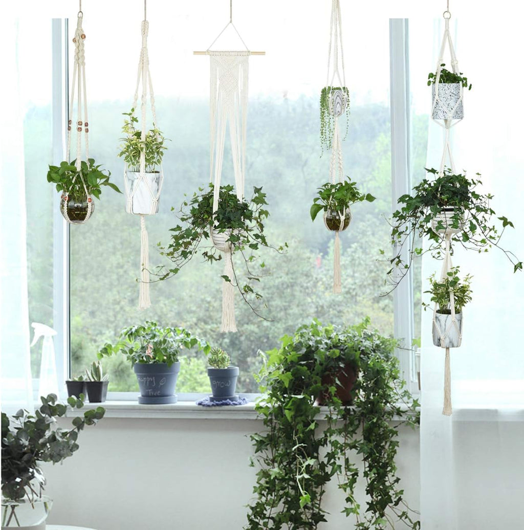 JES&MEDIS 5-Pack Macrame Plant Hangers with 5 Hooks, Different Tiers, Handmade Cotton Rope Hanging Planters Set Flower Pots Holder Stand, for Indoor Outdoor Boho Home Decor