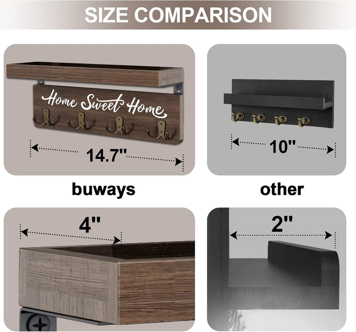 buways Key Holder Wall Mount with 8 Hooks and Cozy Home Sign (Brown)