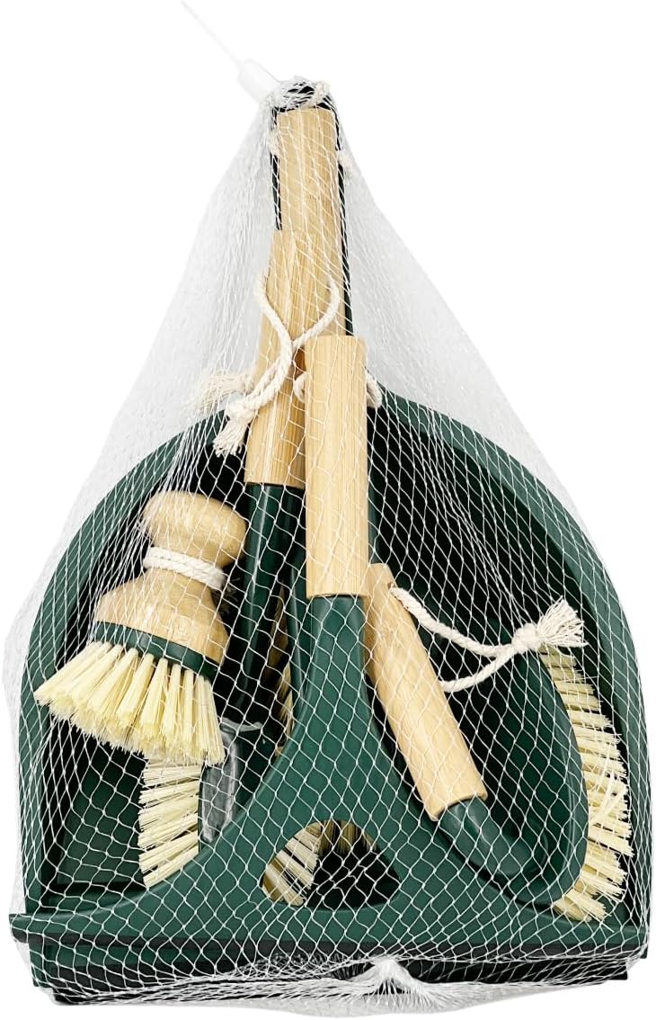Pine-Sol Scrub Brush Cleaning Tool Set - Heavy Duty Brushes with Bamboo Handles, Dustpan, Shower Squeegee - Dishwashing, Kitchen, and Bathroom Cleaning Supplies, 6 Pieces