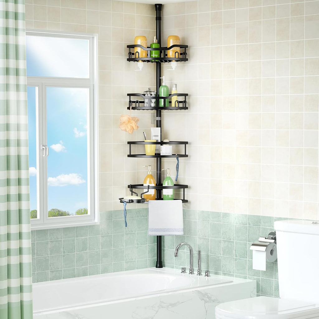 HAMITOR Corner Shower Caddy Tension Pole: Rustproof Stable 4-Tier Bathroom Organizer Shelves for Bathtub Shampoo Storage - 47-121 Inch Quick Install Adjustable Standing Rack with Soap Rack - Black