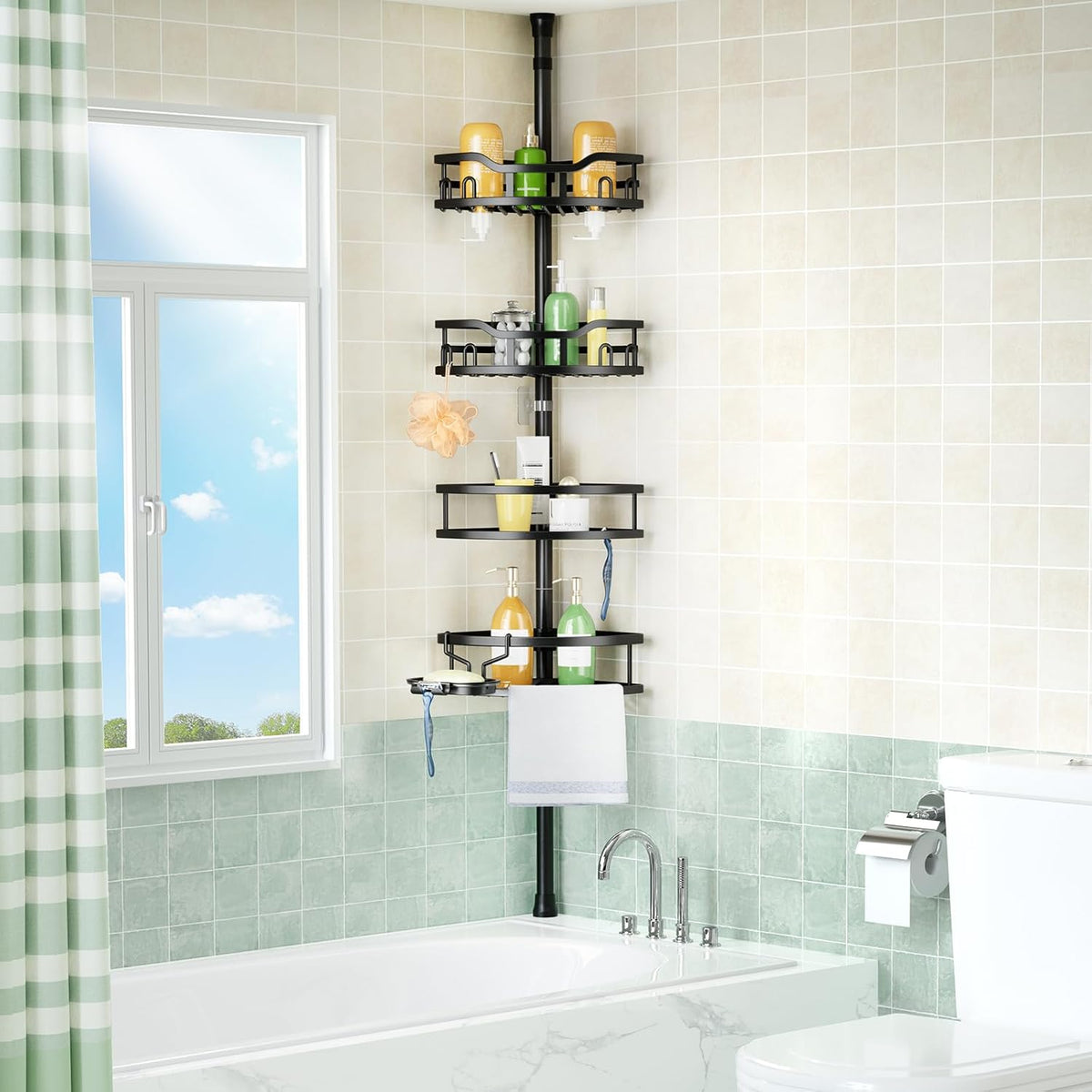 HAMITOR Corner Shower Caddy Tension Pole: Rustproof Stable 4-Tier Bathroom Organizer Shelves for Bathtub Shampoo Storage - 47-121 Inch Quick Install Adjustable Standing Rack with Soap Rack - Black