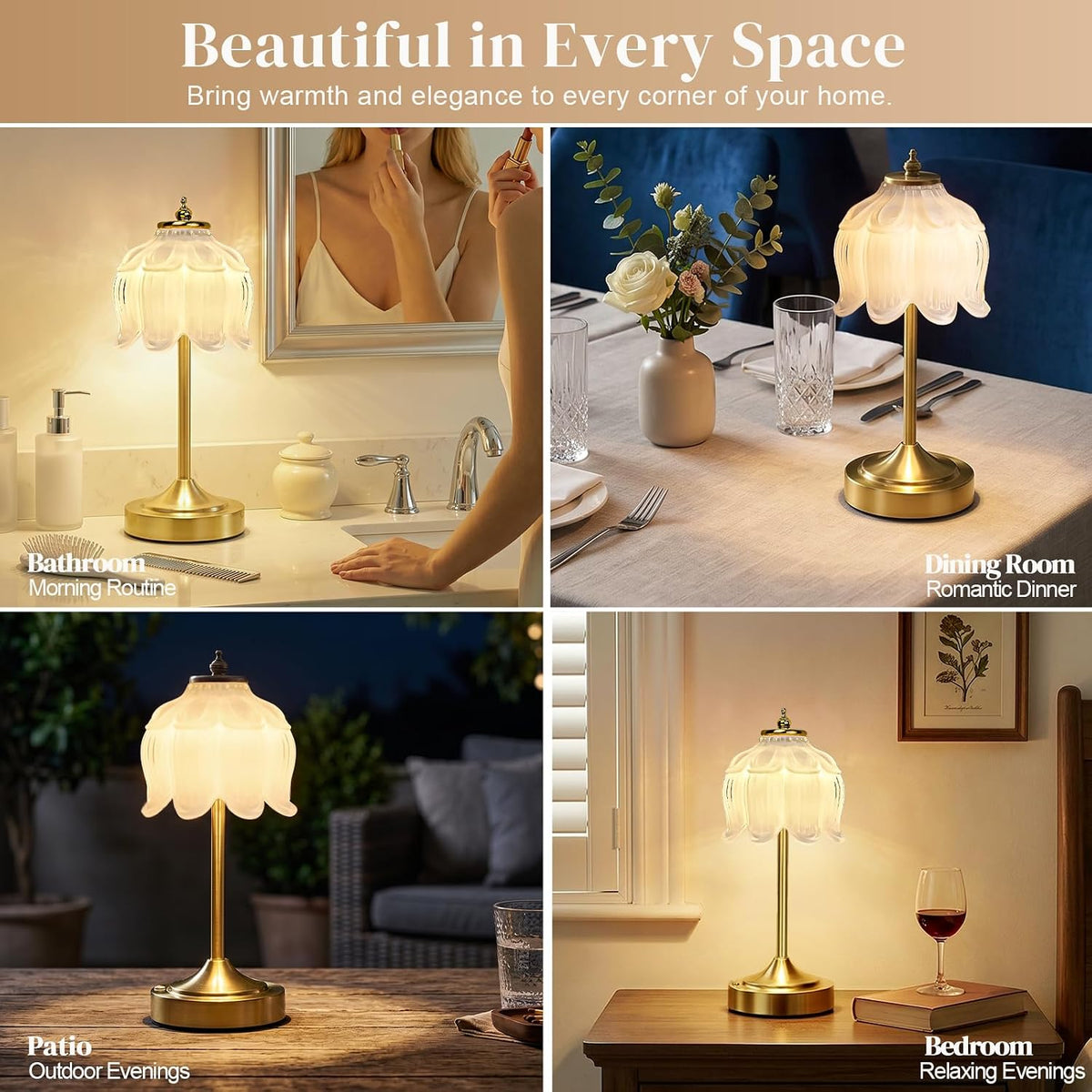 White Glass Flower Lamp, Rechargeable Cordless Table Lamp
