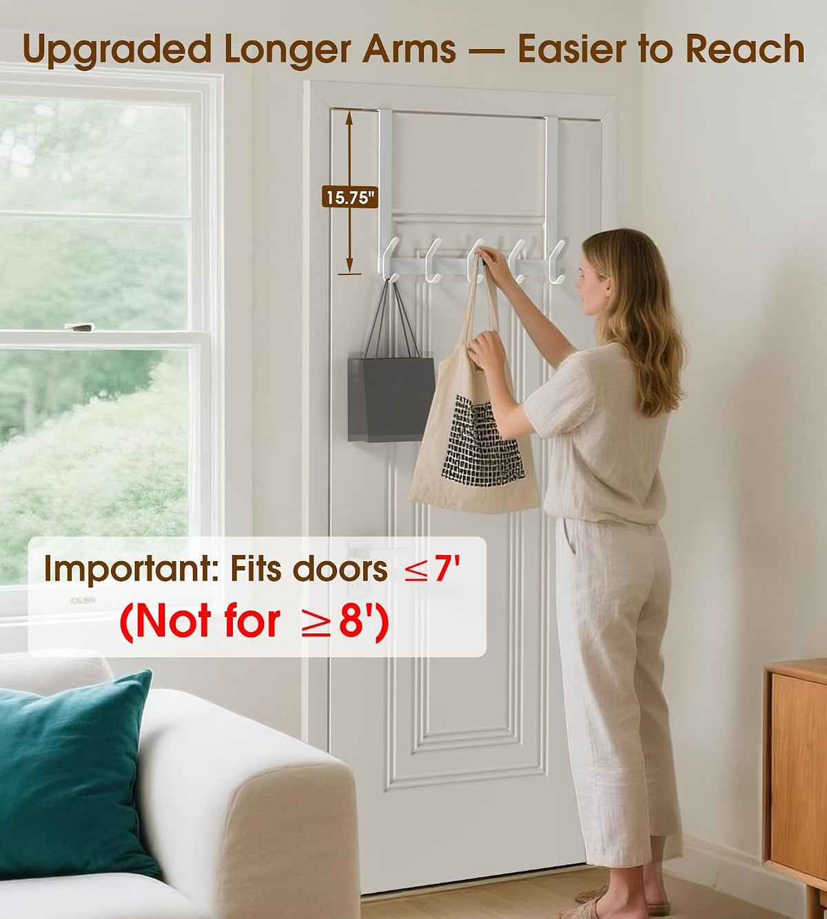 KitchLife Long Over The Door Hooks Hanger with 15.75 inches Extended Arms, Fit 1-3/4" Doors, J40U, Thickened Bathroom Towel Rack Organization, 1 Pack, Glossy White