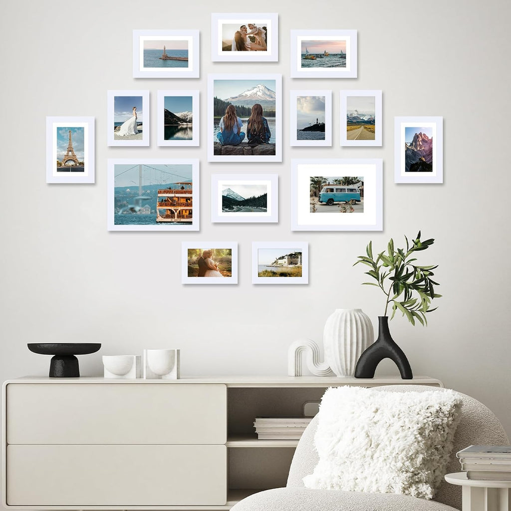 JCJMY 15 Pack Picture Frames Collage Wall Decor for Wall Hanging or Tabletop, Gallery Wall Frame Set for Family, Multi Sizes Photo Frames Collage Including 3Pcs 8x10, 6Pcs 5x7, 6Pcs 4x6, White