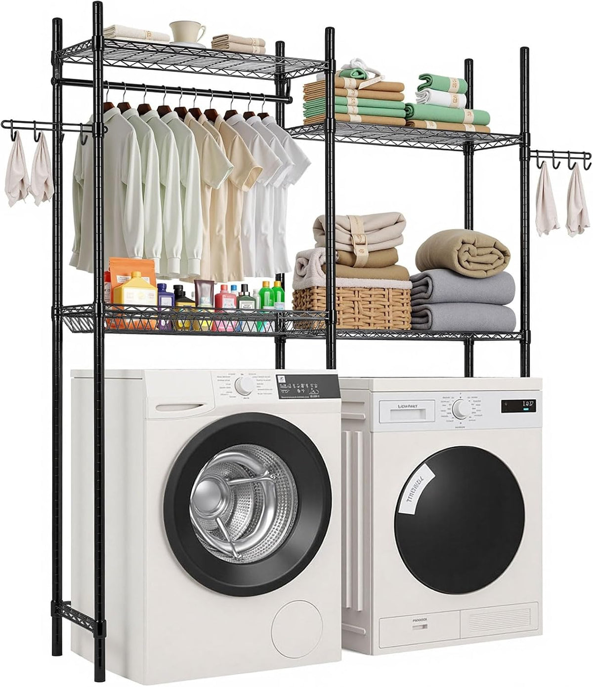 VEVOR Over the Washer and Dryer Storage Shelf, 4 Tier Laundry Room Drying Rack with Hanger Rod and Hooks, Adjustable Over Washer and Dryer Shelves, Laundry Room Shelf Storage Space Saver, Black
