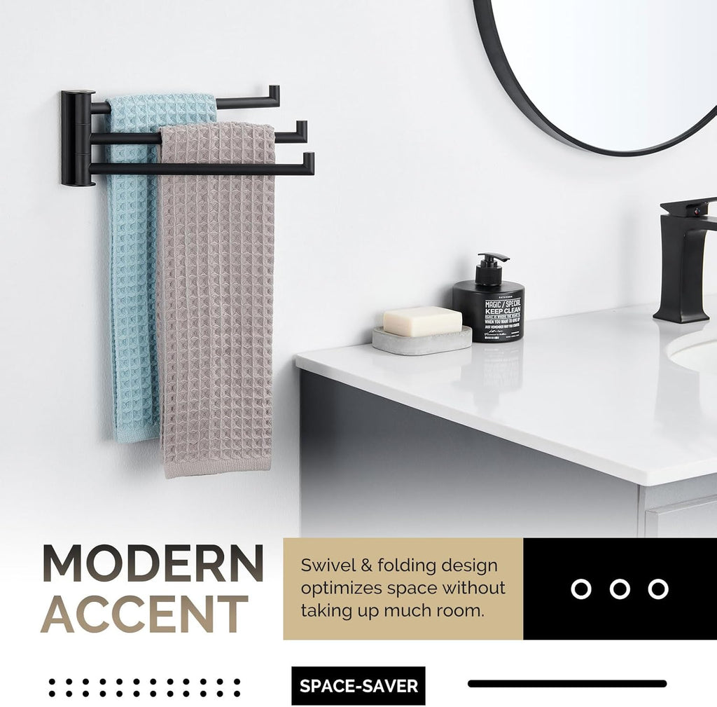 Angle Simple Kitchen Towel Rack, Swivel 3 Bars, Matte Black, 9.84"