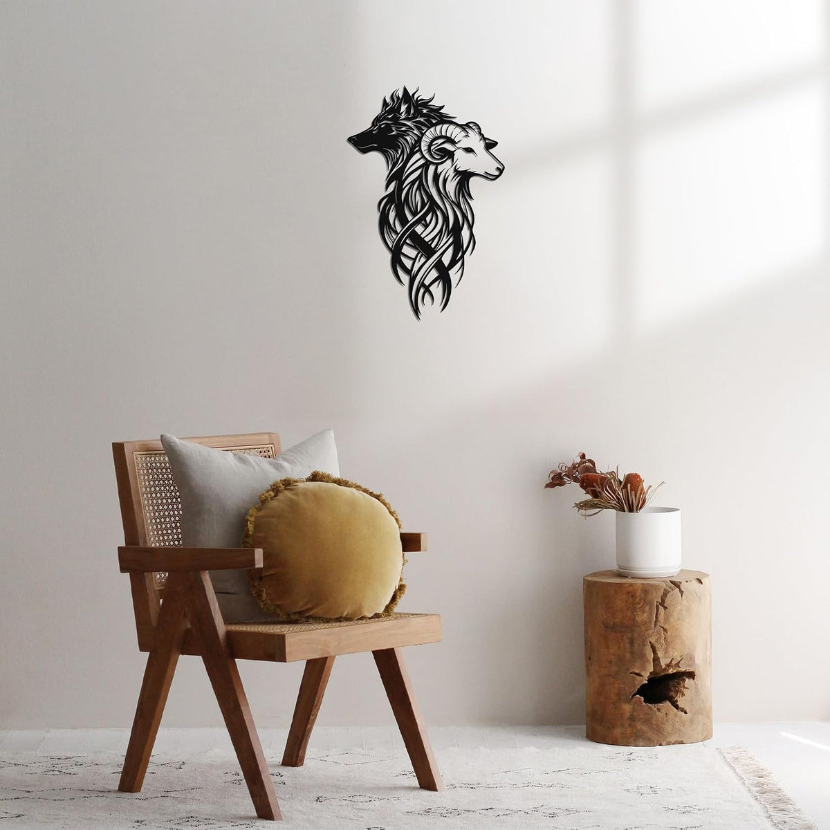 Wolf & Ram Interwoven Metal Wall Art, Black Rustic Dual Wildlife Home Decor