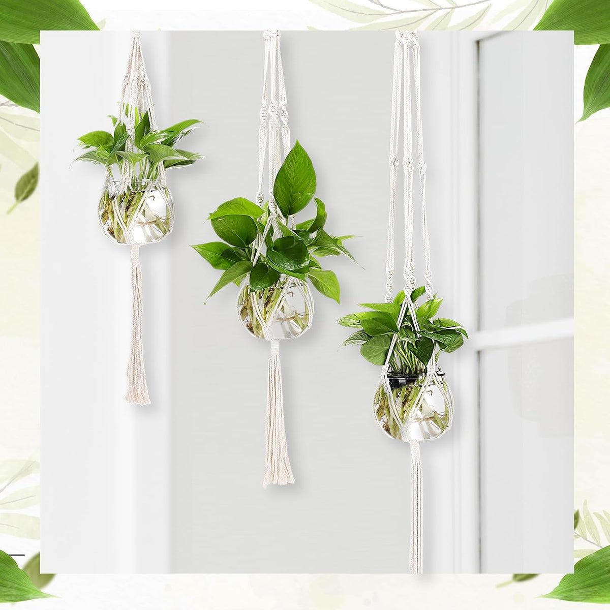 Colingmill 6 Pcs Boho Macrame Plant Hanger with Small Plastic Pot Hanging Plant Holder Wall Planter Propagation Station Include Hooks Kit for Indoor Home Garden Office Decor 3 Size (White)
