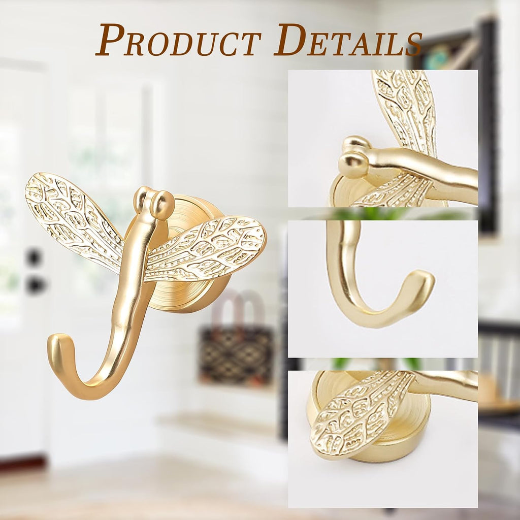 2 Pack Dragonfly Decorative Wall Hooks, Vintage Boho Coat Hooks Heavy Duty, Zinc Alloy Rust-Proof Towel Hooks for Bathroom, Entryway Hooks for Hanging Coat, Towel, Robe, Hat, Purse, Keys(Gold)