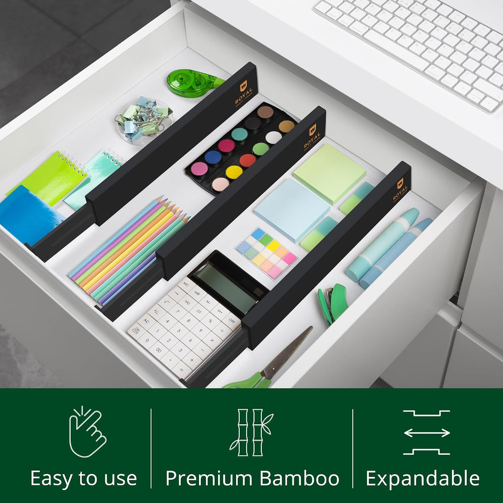 Bamboo Drawer Dividers Organizers, Adjustable Drawer Separator Splitters, 17–22 Inches Expandable Drawer Divider Organizer for Large Utensils, Kitchen, Bedroom, Dresser & Office Drawers 4-Pack, Black