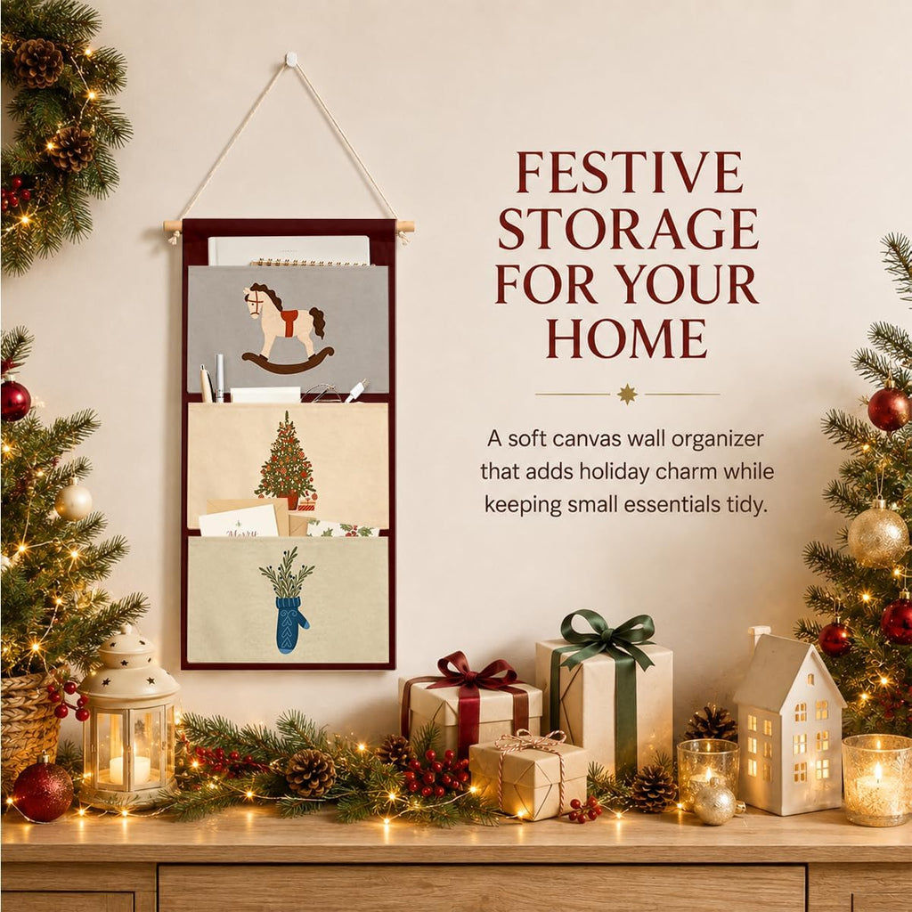 IAXIC Christmas Decor Rocking Horse Tree Mitten Canvas Wall Art Organizer