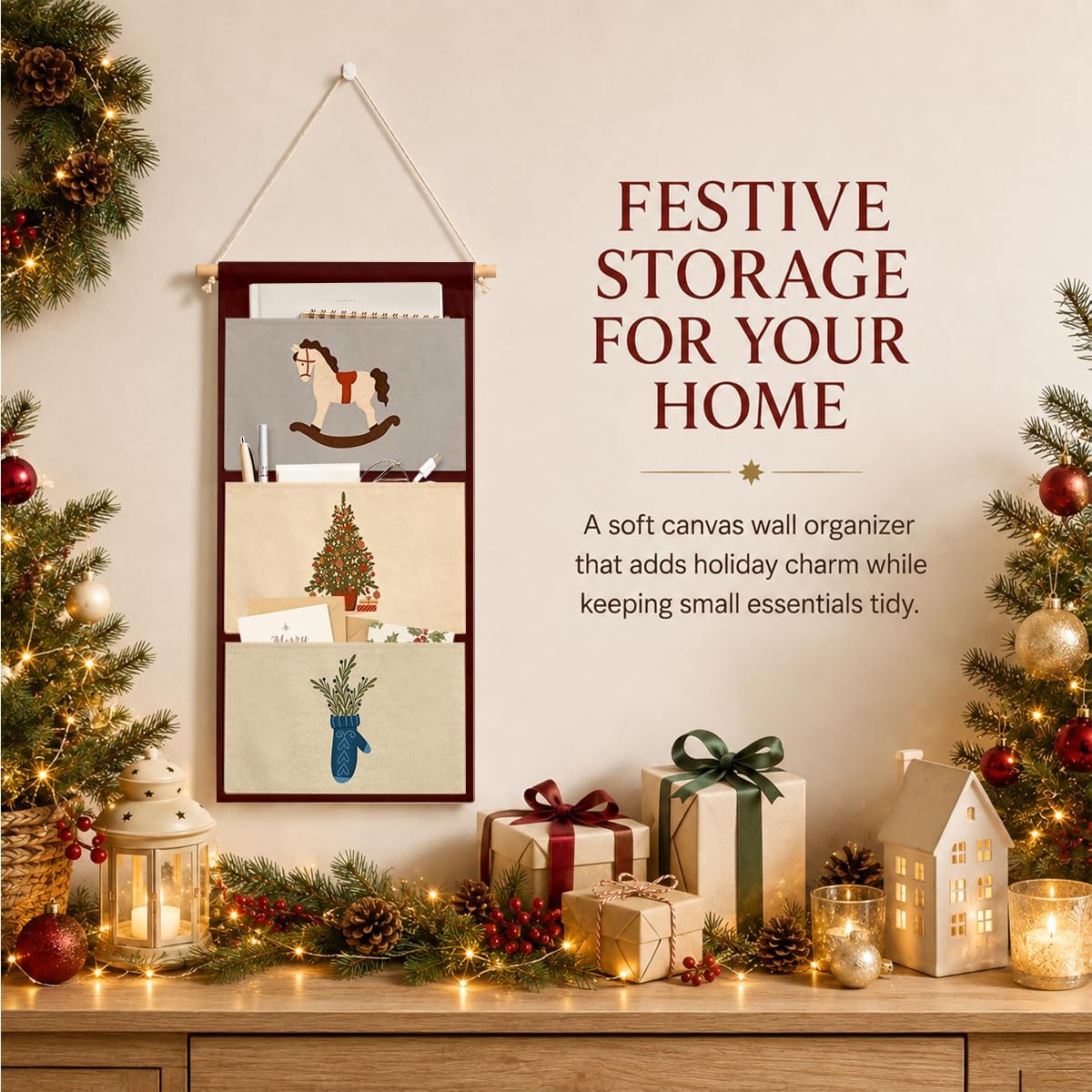 IAXIC Christmas Decor Rocking Horse Tree Mitten Canvas Wall Art Organizer