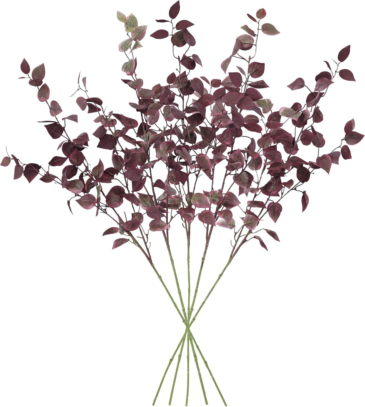 HyeFlora 5PCS Artificial Fall Eucalyptus Leaves Stem Plants, 32.7 inch Fake Leaves Autumn Greenery Branches Burgundy Shrubs Silk Faux Foliage DIY Stems for Thanksgiving Festival Home Kitchen Farmhouse