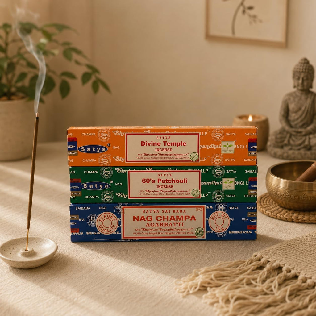 Satya Holistic Mix Incense Sticks 3-Pack Assortment | Slow-Burning, Long-Lasting Nag Champa, 60's Patchouli & Divine Temple (15g Each)