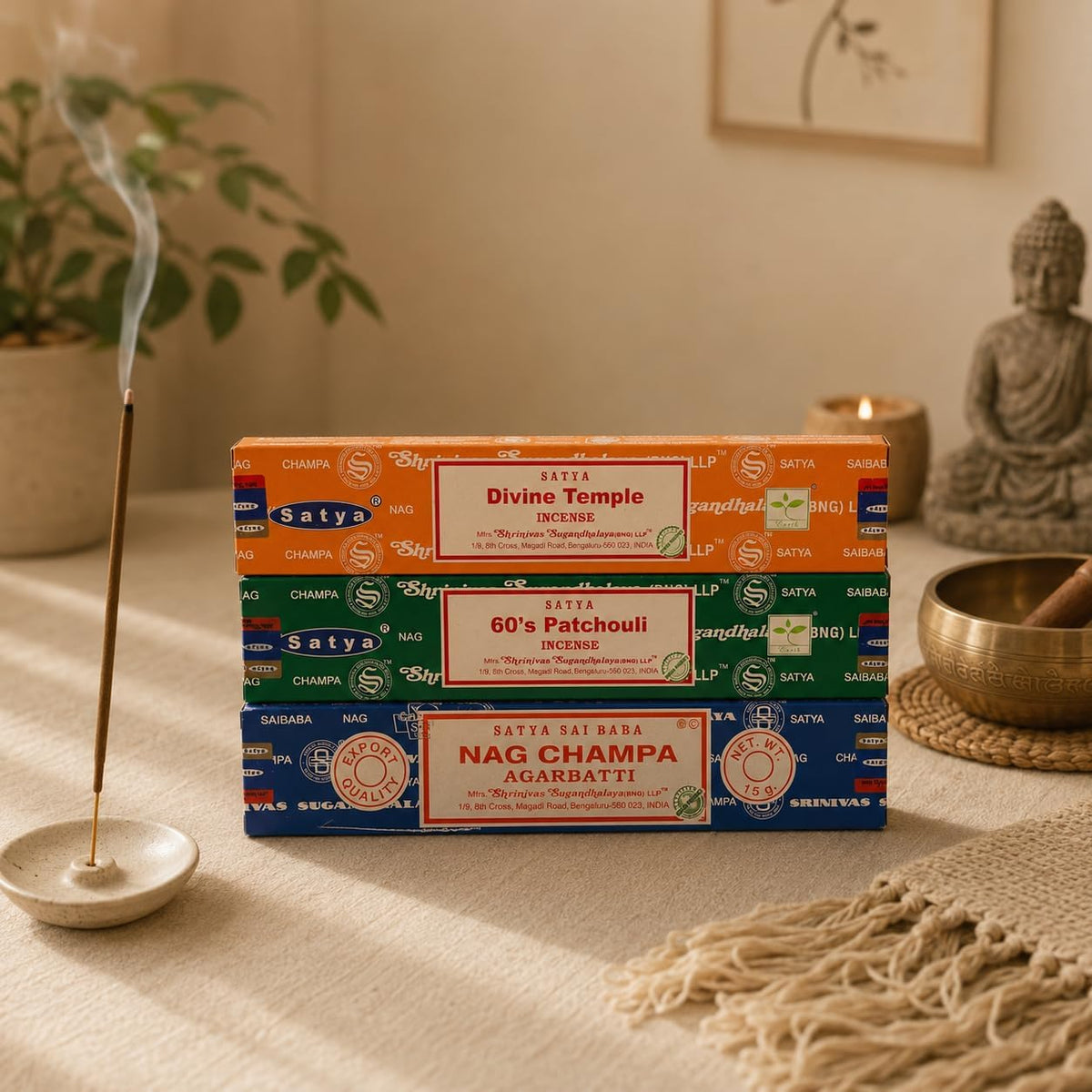 Satya Holistic Mix Incense Sticks 3-Pack Assortment | Slow-Burning, Long-Lasting Nag Champa, 60's Patchouli & Divine Temple (15g Each)