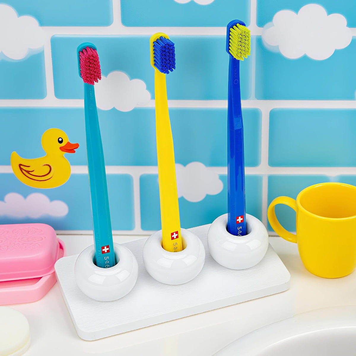 3 Pack Ceramic Toothbrush Holder with Diatomite Toothbrush Tray for Bathroom Shower Countertop Storage Organizer, Small Toothpaste Razor Electric Tooth Brush Head Stand (White)