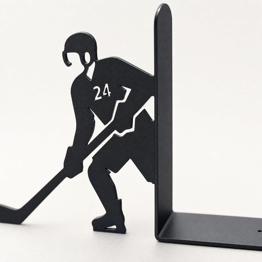 Ice Hockey Bookends, Set of 2 Black Metal Book Ends for Shelves, Laser-Cut Hockey Player Decorative Book Holders for Office Desk, Home Library and Study Room, 6.3 in Tall