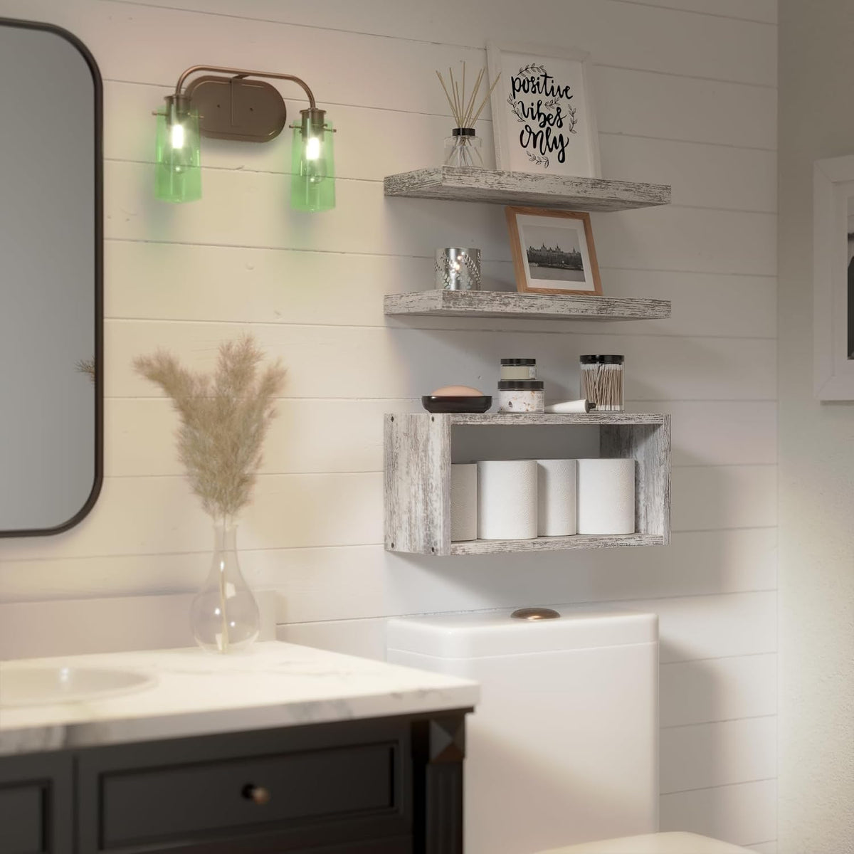 RICHER HOUSE 3-Set Rustic White Floating Shelf, Bathroom Shelf Over Toilet