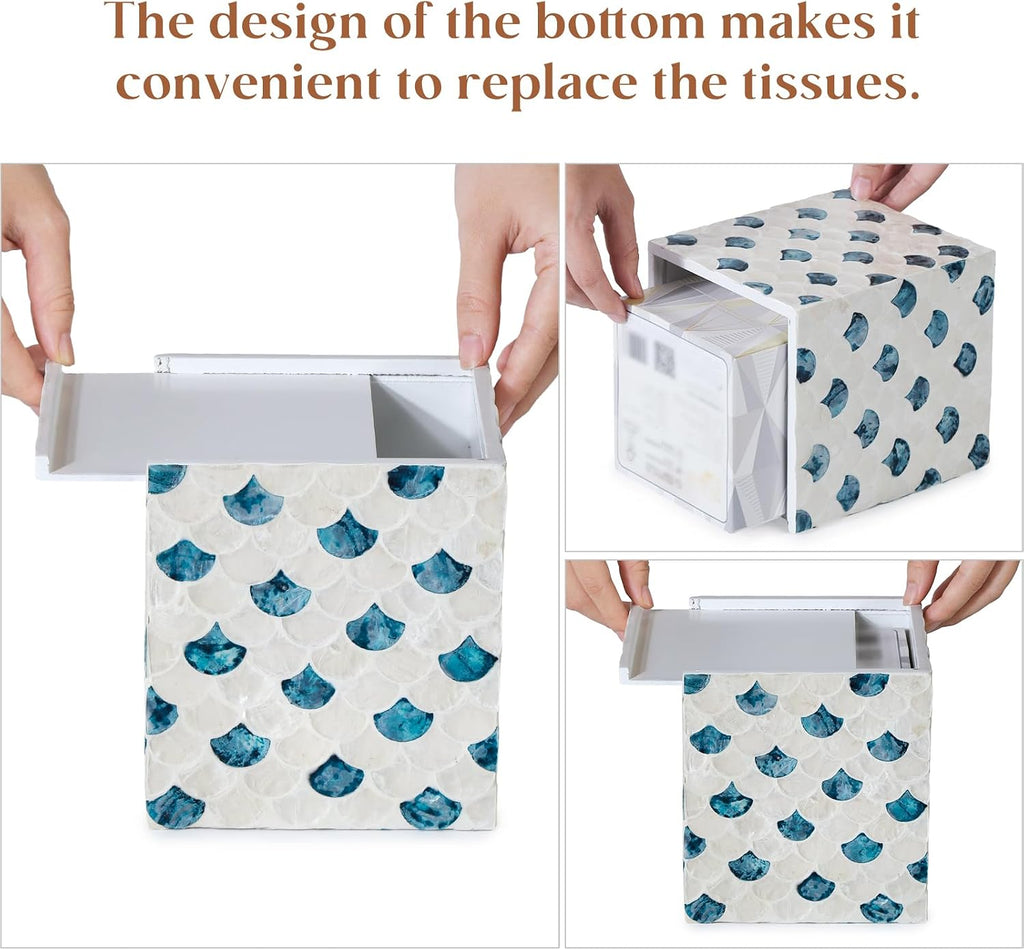 YANGQIHOME Capiz Shells Tissue Box Cover, Handmade Decorative Tissue Box Holder with Mother of Pearl, Square Facial Tissue Holder for Bathroom, Living Room, Kitchen, 5.5" x 5.5" x 5.9" (Blue Tide)