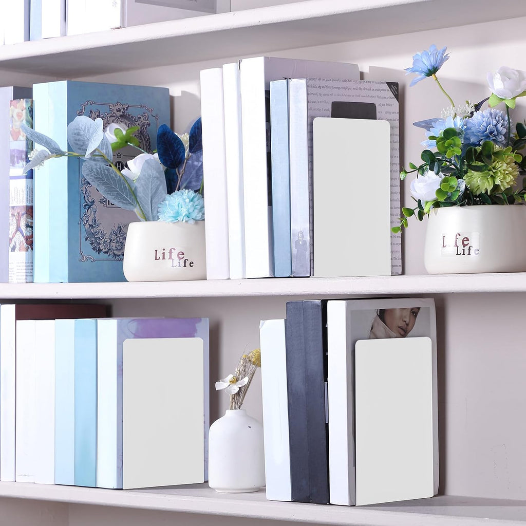 Beeveer 6 Pairs Metal Bookends for Shelves Office Library, White
