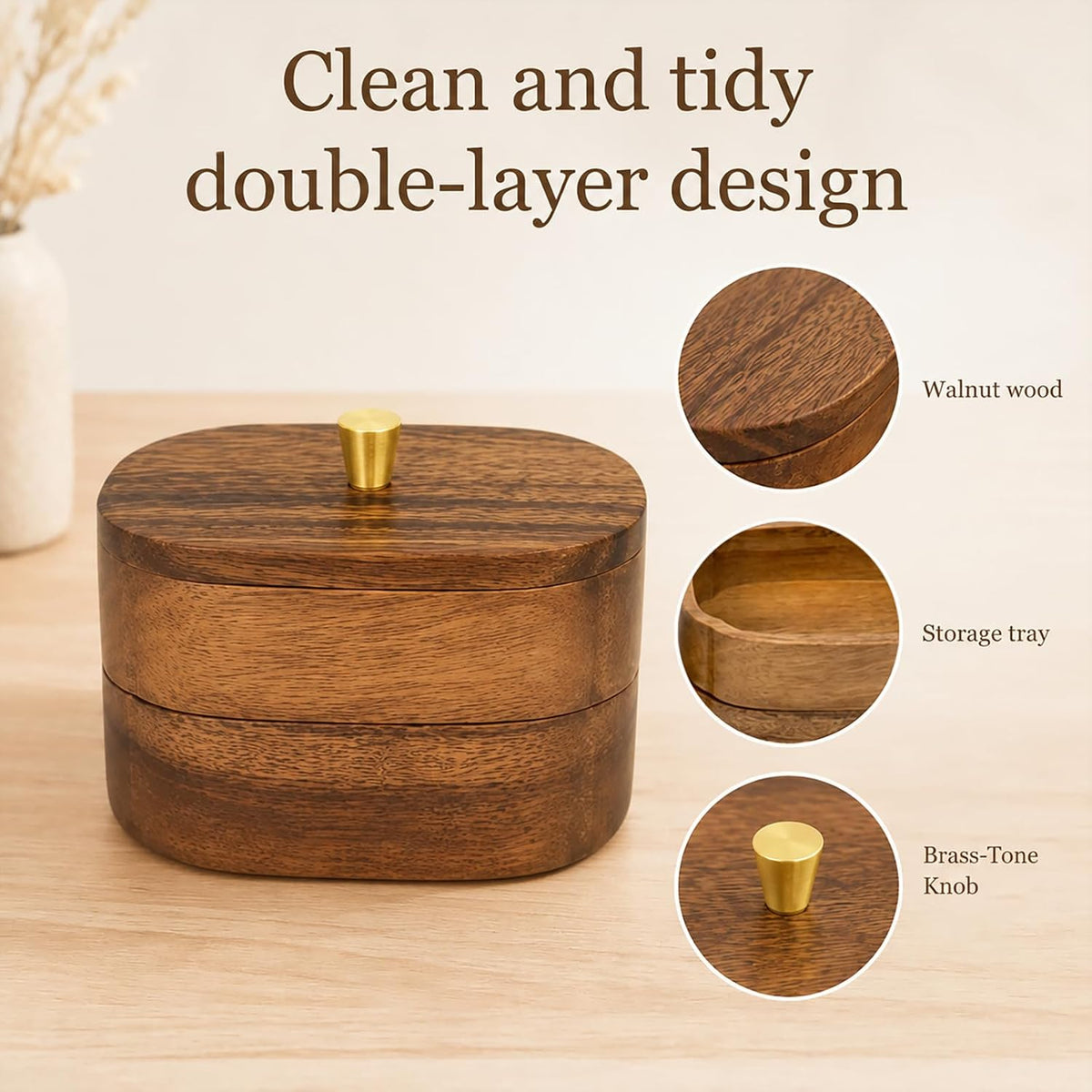 Walnut Wood Qtip Holder, Bathroom Canister for Cotton Swabs & Floss Picks
