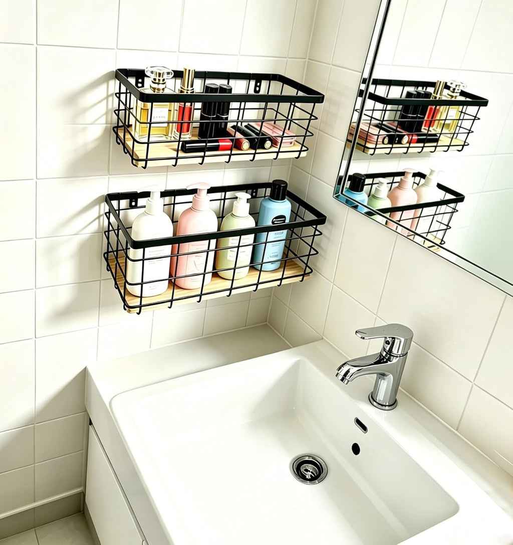 ShabbyDecor Metal Wire Basket for Kitchen Cabinet Pantry Bathroom Set of 2