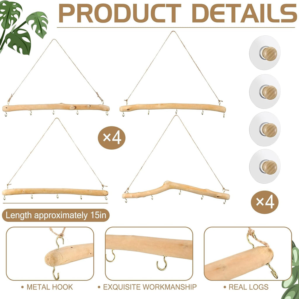 Chunful 4 Pcs Driftwood Wall Hanging Jewelry Hanger, 15 Inch with 5 Hooks